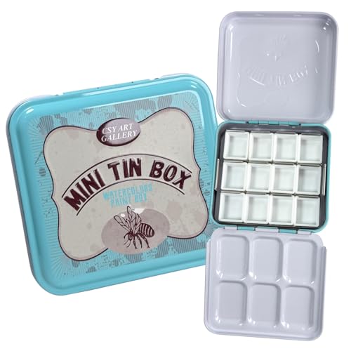 Watercolor Mini Palette Tin Box with 12 Half Pans Metal Art Paint Mixing Tray for Travel, Painting, Watercolor Mixing, Art Class and Studio Use (02 Blue-Green) - color: 02 Blue-green