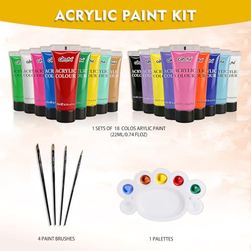 Colorful Basic Acrylic Paint Set, 18 Pack with Brush & Palette, Craft Paint
