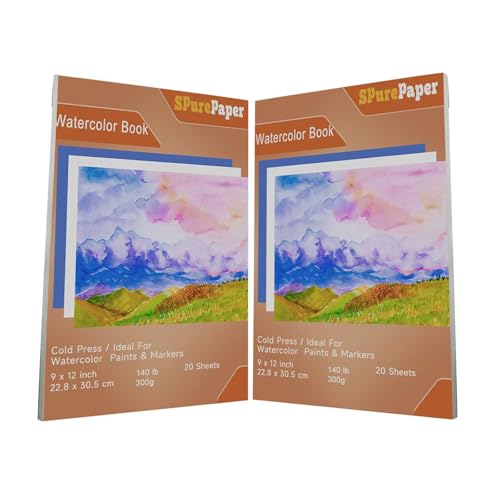 140lb/300gsm Professional Watercolor Paper Pad, 2 Pack (40 Sheets Total), Acid-Free Cold Press Textured Paper for Watercolor, Acrylic, Ink - 9x12 Inch