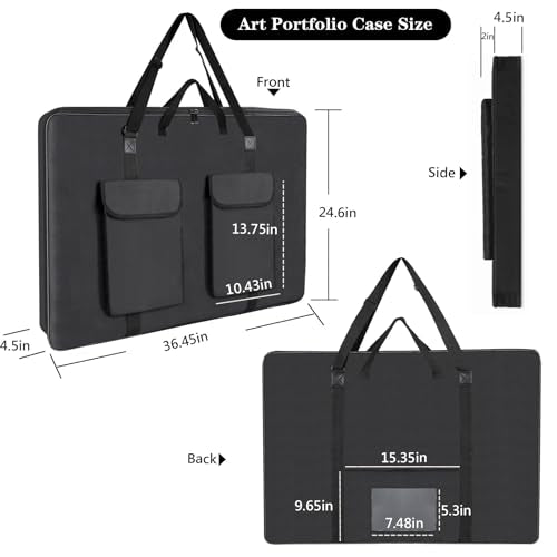 TreochtFUN Hard Side Art Portfolio Bag 24 X 36, Upgrade With Metal Frame | Heavy Duty Art Carrying Rigid Case,Sturdy Fabric For Artwork, Advertising,Canvas,Boards,Screen Monitors & Displays (Black)