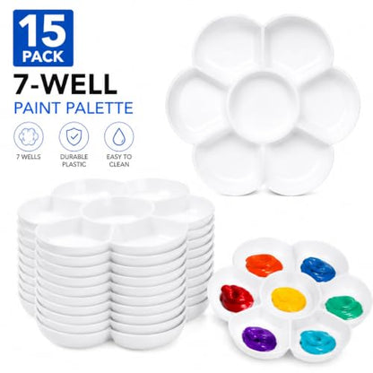 15 Pack Paint Tray Palettes with 7 Wells, White Plastic Paint Mixing Tray Watercolor Painting Dish for Oil Art, Gouache, Kids Adults Painters, Easy to Clean