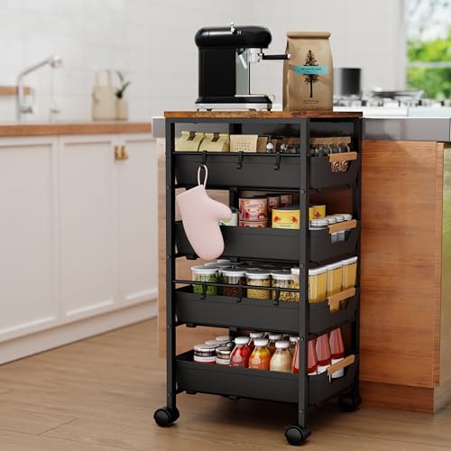 5-Tier Kitchen Storage Cart, Wood Top Rolling Cart Organizer with Pull-Out Baskets & Wheels, Metal Snack Cart with Holder for Fruit, Vegetable, Microwave, Kitchen, Pantry, Black - color: Black, size: 12.8" W × 14.37" D × 32.28" H