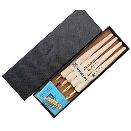 Wooden Professional Manga Pen Dip Pen Set with 4 Nibs Manga Cartoon Comic Drawing Painting Kit - 4 Pcs - color: Wood