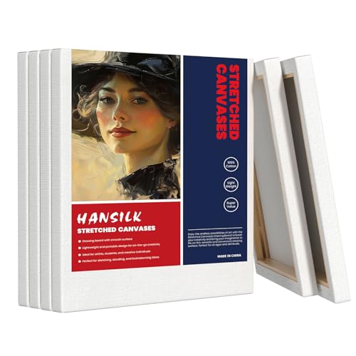 HANSILK Stretched Canvas for Painting 12x12 Inch 6 Pack, Triple Primed 100% Cotton Blank Canvases, 5/8 Inch Pine Wood Frame Art Canvas for Acrylic Oil Watercolor, Artists Students Beginners - size: White-12×12