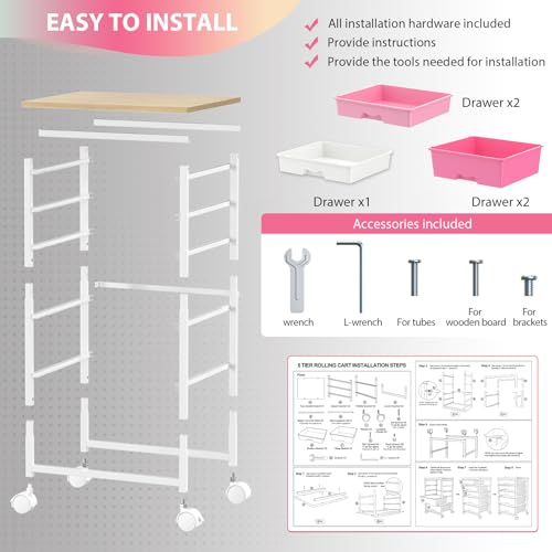 Goovilla Rolling Cart with 5 Drawers for Craft, Art, Dorm, Office, Pink - size: Pink