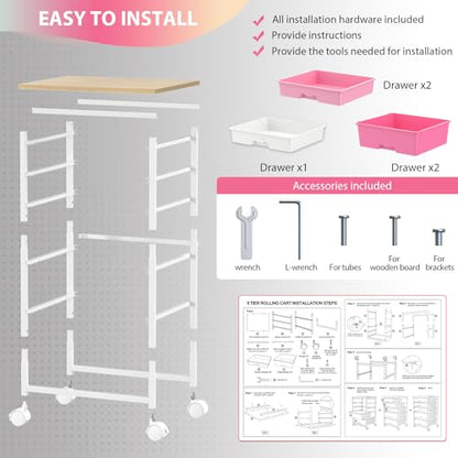 Goovilla Rolling Cart with 5 Drawers for Craft, Art, Dorm, Office, Pink - size: Pink
