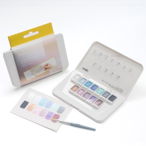 HIMI Metallic Watercolor Paint Set 12 Colors, Travel Water Colors with Paints Brushes, Crafts Painting Supplies, Shimmer Metallic Colourful Paints Sest, Drawing Gifts for Teens Adults Artists (Silver) - color: Silver