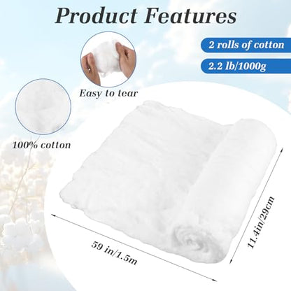 2 Rolls Cotton Roll for Cosmetic Application Product Removal 2.2 lb High Absorbent Soft Pure Cotton Ball Multipurpose Use for Makeup Remover Salon Beauty Baby Care