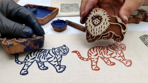 Lion Tiger Wooden Blocks Stamps for Printing on Textiles, Pottery Crafts,Henna, Scrapbooking (Set of 2) - size: Pack # 107