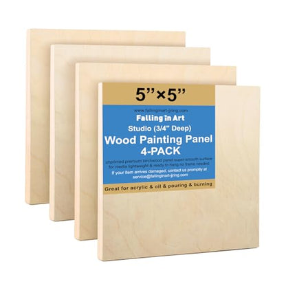 4 Pack 5x5’’ Unfinished Birch Wood Panels Kit for Painting | Studio 3/4’’ Deep Wooden Canvas, Cradle Boards for Acrylic Pouring, Art, Crafts, Epoxy Resin, Laser Engraving Cutting - size: 5'' x 5'' Studio