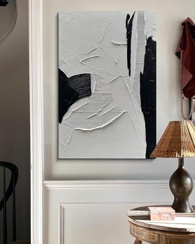 NANKAI Art Hand-painted Black and White Texture Oil painting Modern minimalist Abstract art 45x30 inch large home wall deco art painting - color: NKHB149