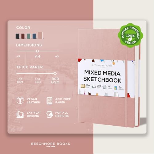 Beechmore Books A4 8.5x11 Mixed Media Sketchbook 300 GSM/140lb | Heavyweight Hardcover Art Notebook, 48 Micro-Perforated Pages Ivory Journal, Art Supplies for Painting, Acrylics & Wet Media - color: Rose Wood, size: A4 - 8.5" x 11.5" Large
