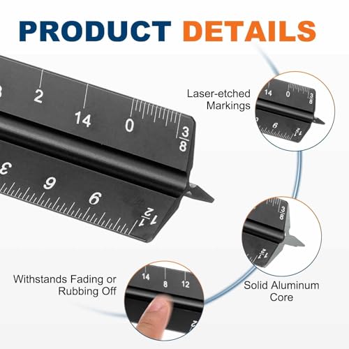 HARFINGTON Architectural Scale Ruler, 12 Inch Standard Aluminum Alloy Architect Triangular Small Scale Laser-Etched Blueprint Drafting Ruler for Architects Engineers, Black - color: Black, size: 12 Inch