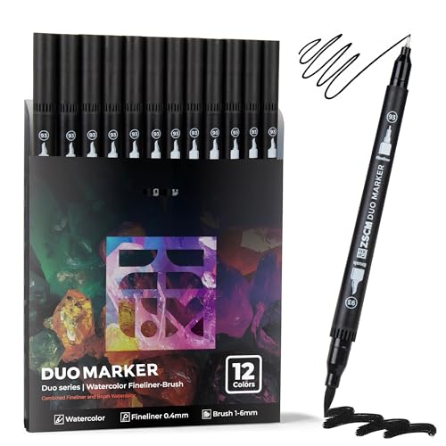 Black Duo Tip Marker Pens, 12 Fine & Brush Tip Pen For Adult Coloring Books | No Bleeding Jet Black Markers, Drawing Pen for Outlining, Sketching, Japanese Manga, Calligraphy and Graphic Novels - color: 12 Black