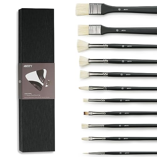 ARTIFY Oil Paint Brush Set - 11 Pieces | Professional Artist Paint Brush Set for Oil, Acylic and Gouache | Natural Hog Bristle Brushes with an Additional Nylon Brush