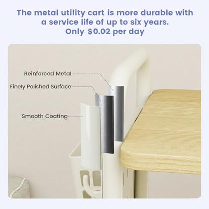 3 Tier Rolling Cart with Wooden Table Top, White Rolling Utility Cart with DIY Pegboards & Locked Wheels, Easy Assembly for Nursery, Living Room, Studio - color: White