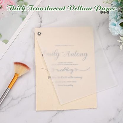 PerKoop 100 Sheets Vellum Paper, 5 x 7, Thick Transparent Paper with Embossing Fan Brush, 160GSM Printable Clear Vellum for Wedding Invitations, Heat Embossing, Belly Bands