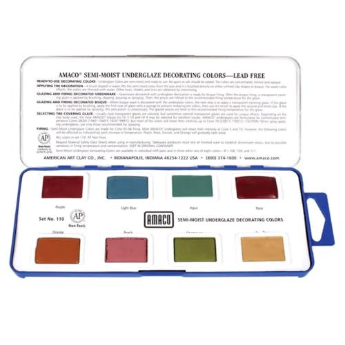 AMACO Semi-Moist Underglazes 8-Count Set No. 3 (#110), 8 Assorted Decorating Colors in Watercolor-Like Pans, Low/Mid-High Fire Cone 05-6 (SMUG) Ceramic Pottery Underglazes for Unfired Clay and Bisque - color: 8-Count Set No. 3 (#110)