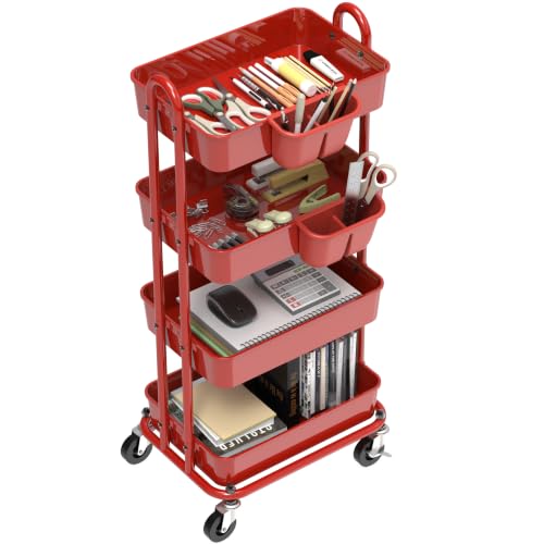 Simple Houseware 4-Tier Rolling Utility Cart with Hanging Bucket, Red - color: Red, size: 4-Tier