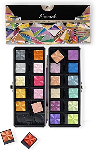 MozArt Komorebi Professional Metallic Watercolor Set 24 Colors Metal | Shimmer Watercolor Art Supplies – Lockable Metal Box & Detachable Pans – 24 Colors for Arts, Crafts, Journaling & Mixed Media - color: Watercolor 24 Metallic Set