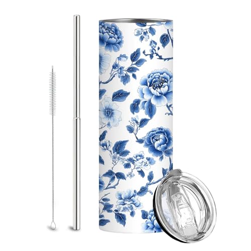 Firmiso 20 oz Tumbler｜Skinny Insulated Travel Mug｜Blue White Peony Chinoiserie Stainless Steel Cup with Lid and Telescopic Straw｜Elegant Floral Drinkware｜Gift Idea for Women and Men - color: Blue and White Peony