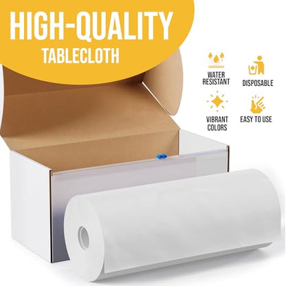 Exquisite Party Solids 54 Inch X 100 Feet White Plastic Table Cover Roll in A Cut - to - Size Box with Convenient Slide Cutter. Cuts Up to 12 Rectangle 8 Feet Plastic Disposable Tablecloths - color: White, size: 100 Feet