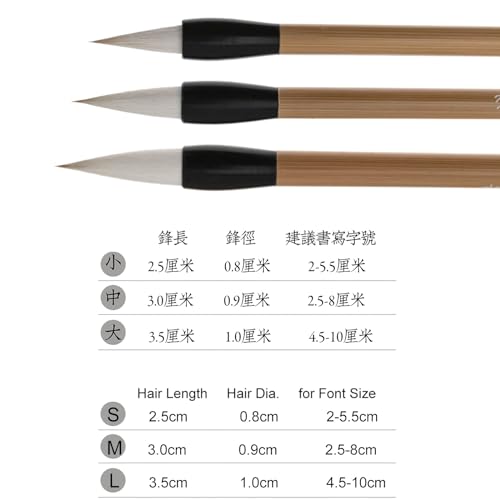 Chinese Calligraphy Brushed, Chinese Brush, QingMiao Weasel Hair Chinese Brush set, Chinese ink brush for Script 2-10cm, Suitable for Regular Script, Running Script and Cursive (Qing Miao S M L 3/pk) - color: 1001. QingMiao SML 3/pk