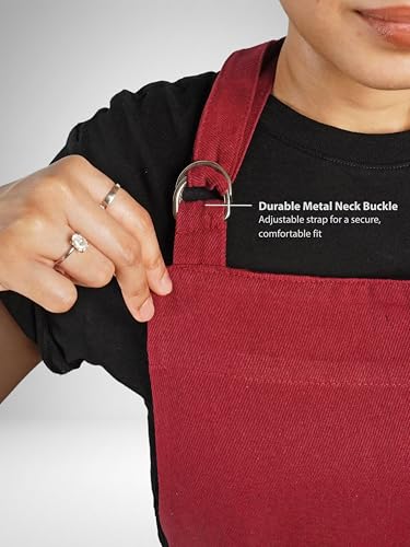 100% Cotton Kitchen Apron with 2 Pockets – Adjustable Chef Apron for Cooking Baking BBQ – Unisex Apron - color: Red