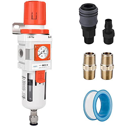 1/2" NPT Embedded Gauge Compressed Air Filter Regulator Piggyback Combo, Semi-Auto Drain, 5 Micron Brass Element, Poly Bowl, Metal Bracket - size: 1/2" NPT, style: Manual Drain