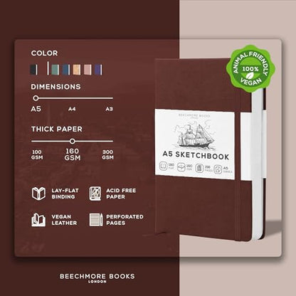 Beechmore Books A5 5.8x8.3 Mixed Media Sketchbook 160 GSM/98LB, Gift Box - color: Chestnut Brown, size: A5 - 5.8" x 8.3" Medium
