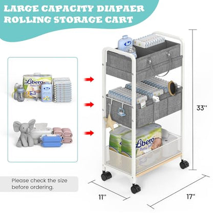 2In1 Baby Diaper Caddy & 3-Tier Rolling Diaper Cart, Diaper Caddy Organizer Cart with Dividers, Metal Detachable Bedside Cart for Baby Nursery Essentials, Large Capacity, Easy to Assemble, White - color: White