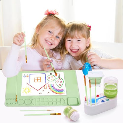 Painting Station Paint Brush Cleaner 20"X16" Silicone Paintings Mat with Cup and Paint Holder 10 Paintings Brushes Children's Painting Set Art Supplies for Kids Back to School Gifts DIY Crafts (Green) - color: Green