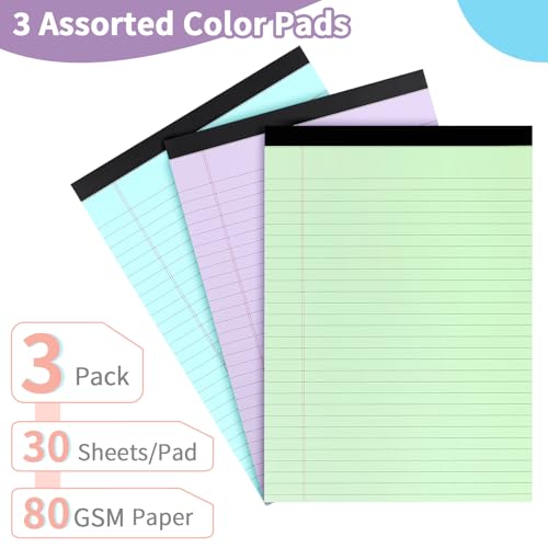 3 Pack Legal Pads Refills Note Pads, Colored Writing Pads 8.5 x 11 Inches | Memo Pads Lined Writing Note Pads, Letter Size Legal Pad Wide Ruled Lined Pads Legal Rule（30 Sheet per Pads）