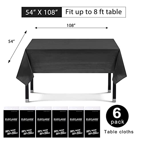 Eleclassi Black 6 Pack Premium Disposable Plastic Tablecloth 54 x 108 in - Plastic Table Cloth Disposable for Rectangle Table Up to 8 Feet - Black Rectangle Tablecloth - color: Black