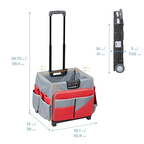ECR4Kids Universal Rolling Cart with Canvas Organizer Bag, Mobile Storage, Red/Grey | Durable plastic, 30 compartments, adjustable handle, 40 lb capacity, collapses to 3" thick, rolling wheels for easy transport - color: Red/Grey