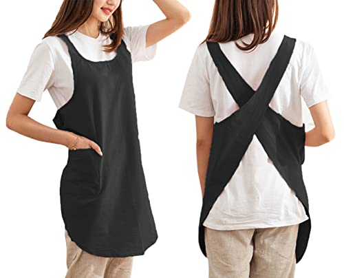 Cotton Cross Back Aprons Solid Color Cooking Kitchen Garden Smock for Women Girls with Pockets - color: Black