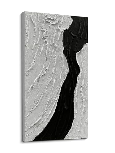 Art Hand-Painted Abstract Black and White Texture Oil Painting. Modern Minimalist Art for Home wall Decoration. 24x48 inches. - color: Yi158