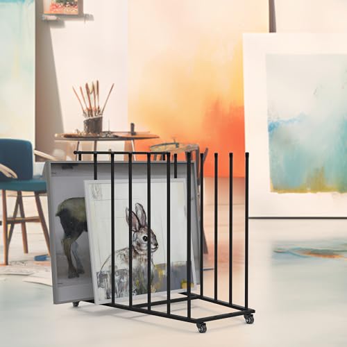 Art Storage Rack, Art Canvas Storage, Canvas Boards Rack Art Storage with Handle & Caster Wheels for Drawing Board, Panel, Paper Pad for Art Studios, Artworks, Gallery, Black