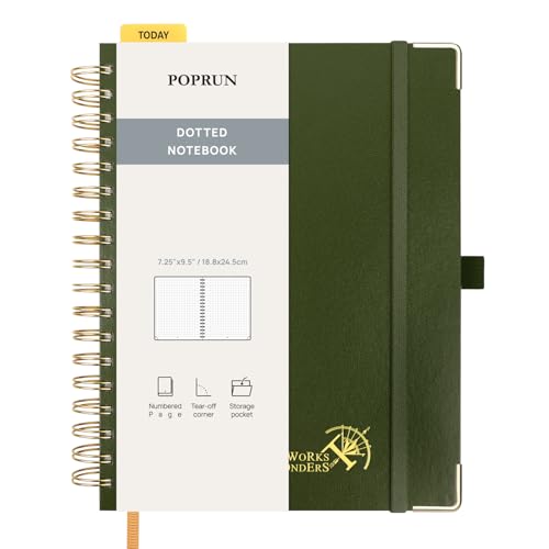 POPRUN B5 Dotted Spiral Notebook 120GSM Hardcover Journal Olive | 7-1/4 x 9-1/2", 220 Pages Dot Grid Notebooks for Women Men, Spiral Journals for Writing Journaling Drawing Work School - color: Olive, size: 7.25 x 9.5 inches