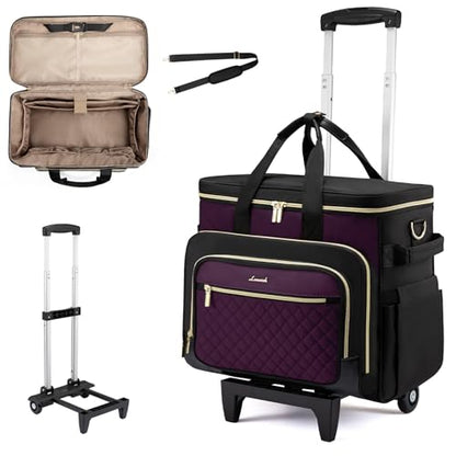 LOVEVOOK Rolling Teacher Bag, Laptop Tote with Detachable Dolly | Fits 17.3 Inch Laptop, Detachable Dolly, Large Rolling Tote Bag for Teacher Office Work Nurse, Adjustable Handle - color: Quilted-Purple-Black