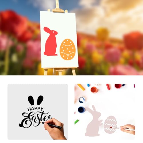 24 Pcs Small Easter Painting Stencils Happy Easter Reusable Plastic Art Craft Stencils 3X3 Inch for Painting On Wood Wall Glass Fabric Rock Canvas with Eggs Bunny Rabbit Pattern - style: Easter Style