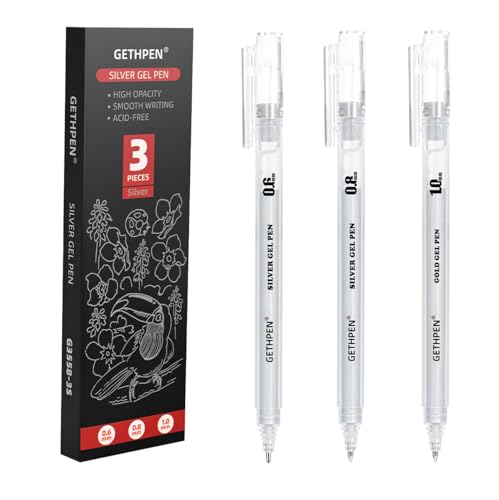 GETHPEN Silver Gel Pen Set, Archival Ink 0.6/0.8/1.0mm for Black Paper | Opaque Archival Ink Pens, for Black Paper Drawing, Sketching, Illustration, Card Making, Bullet Journaling, 3 Tip Sizes Pack - color: Silver