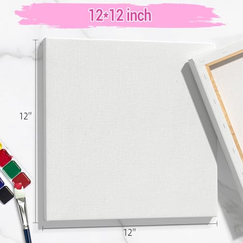HANSILK Stretched Canvas for Painting 12x12 Inch 6 Pack, Triple Primed 100% Cotton Blank Canvases, 5/8 Inch Pine Wood Frame Art Canvas for Acrylic Oil Watercolor, Artists Students Beginners - size: White-12×12