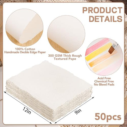 50 Sheets Watercolor Paper 9 x 12 in, 300 GSM, Deckle Edge, Ivory - size: 9 x 12inch