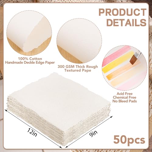 50 Sheets Watercolor Paper 9 x 12 in, 300 GSM, Deckle Edge, Ivory - size: 9 x 12inch