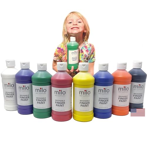 milo Kid's Washable Finger Paint Set of 8 Colors | 16 oz Bottles | Safe and Non-Toxic | Made in the USA | Art & Craft Paints for Kids, Toddlers, Pre School Supplies Painting Set for Children | Easy - style: Primary Set 8 x 16 oz