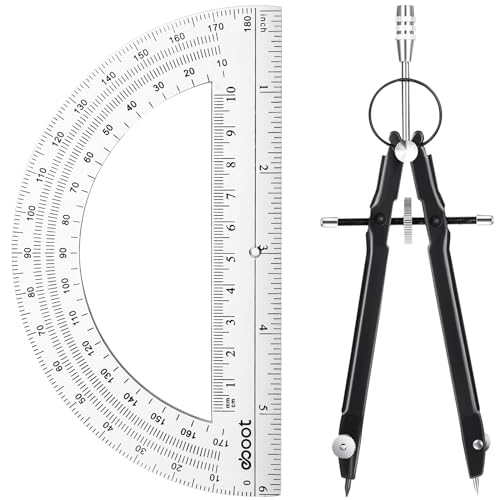 EBOOT Student Geometry Math Set, Metal Drawing Compass and 6 Inch Clear Swing Arm Protractors 180 Degree Math Protractor(Black) - color: Black