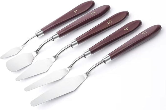 FUPUALL 5 Pieces Painting Knives Stainless Steel Spatula Palette Knife Oil Painting Accessories Color Mixing Set for Oil, Canvas, Acrylic Painting - color: Brown2