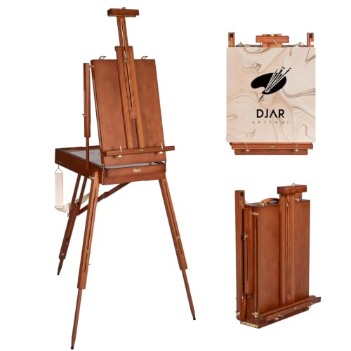 DJAR French Easel with Shoulder Strap, Adjustable Beech Wood Art Easel with Drawer, Palette, Level Instrument & Scale Leg, Studio Tabletop Floor Easel for Artists, Hold Canvas up to 34", Walnut - style: Walnut French Easel