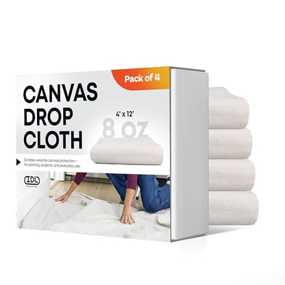 Canvas Drop Cloths 4' x 12', Pack of 4 - Reusable & Eco-Friendly Painters Drop Cloth for Furniture, Surfaces & Floor Protection - 100% Recycled Cotton Canvas Tarp for Home Renovation by IDL Packaging - size: 4' x 12', Pack of 4